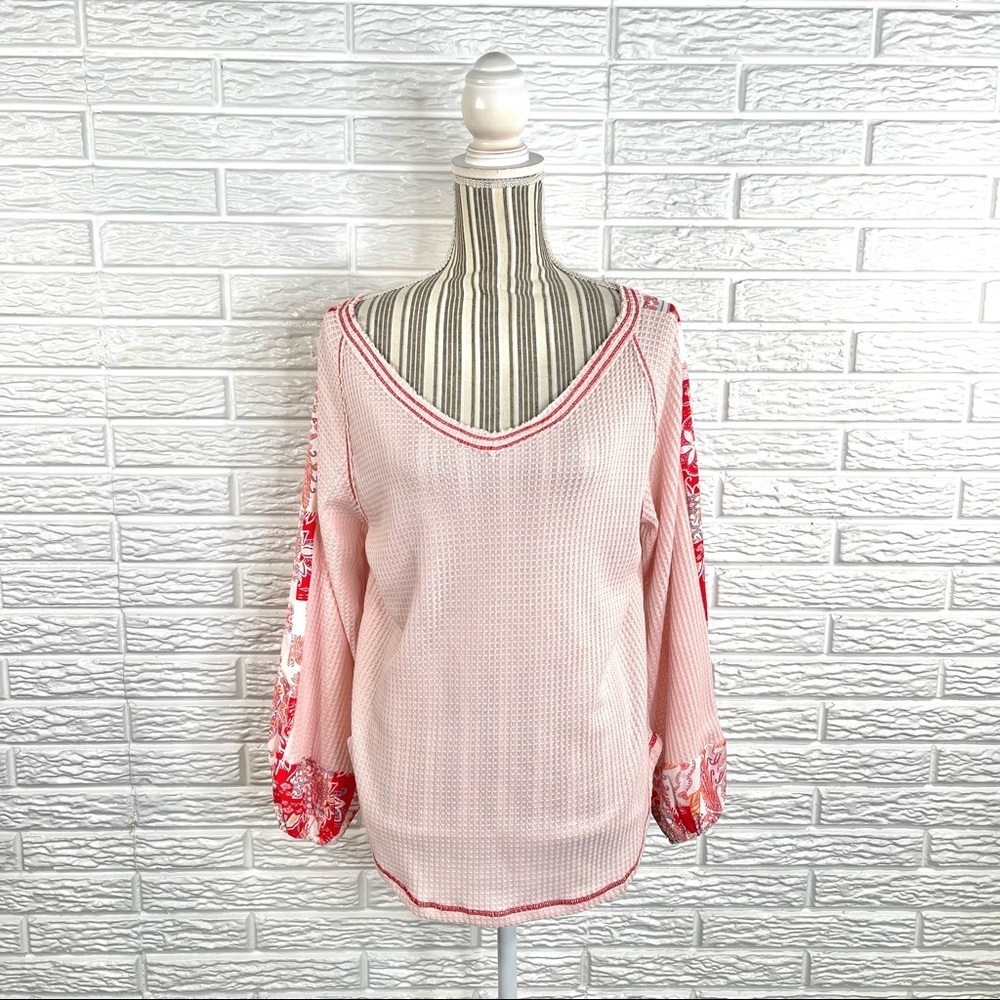 Pink Textured Long Sleeve Shirt with Floral Paisley Paneled Sleeves Size Large